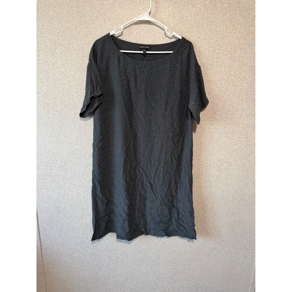 Eileen Fisher Black White Dash Print Tencel Lyocell Shift Dress Womens Medium‎